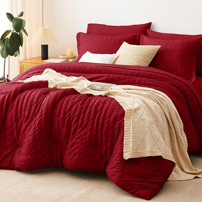 CozyLux King Size Comforter Set Dark Red Seersucker 7 Pieces Bed in a Bag King by CozyLux