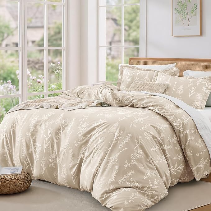 MUXHOMO Duvet Cover Full Size, Reversible Floral Beige Duvet Cover Set - Image 9