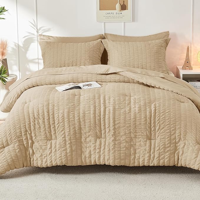 HYMOKEGE Khaki Queen Comforter Set Seersucker 7 Pieces, All Season Luxury Bed - Image 9