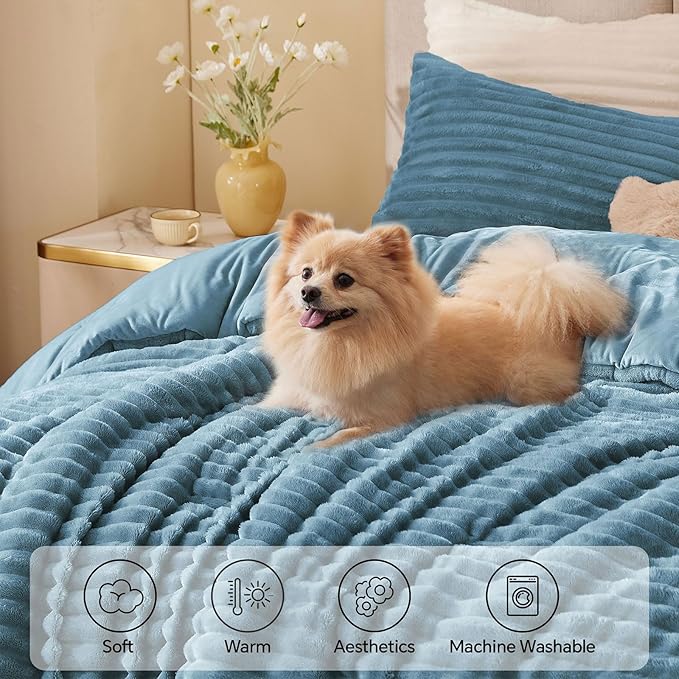 BEDELITE Fleece King Comforter Set -Super Soft & Warm Fluffy Blue Fog Bedding - Image 3