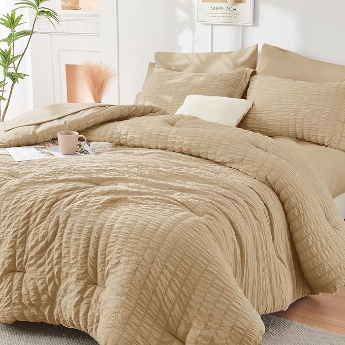 HYMOKEGE Khaki Queen Comforter Set Seersucker 7 Pieces, All Season Luxury Bed by HYMOKEGE