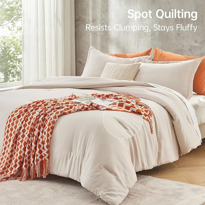 MUXHOMO Queen Size Comforter Set Beige, 3 Piece Solid Bedding - Image 5