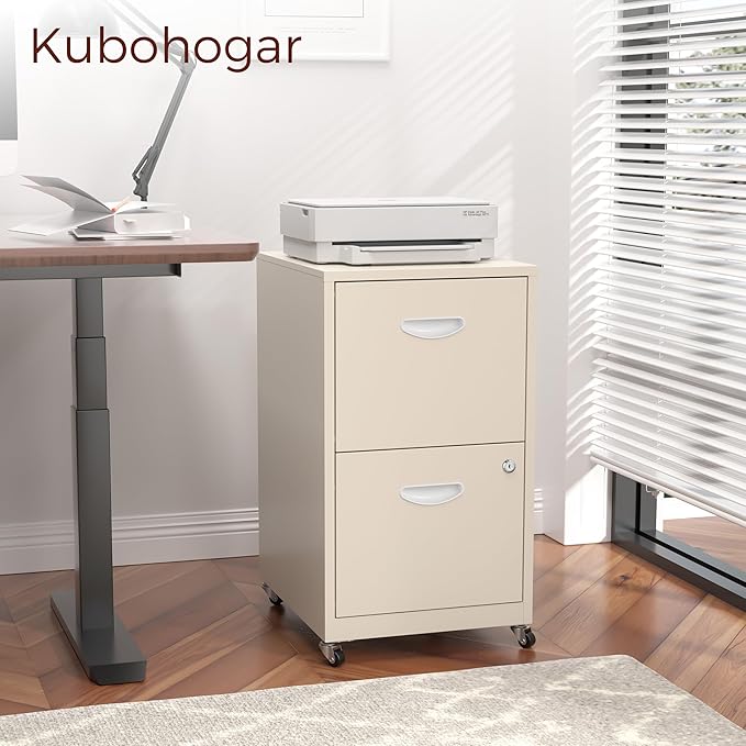 Kubohogar 2 Drawer Mobile File Cabinet with Lock, Cream Metal Filing Cabinets with Wheels, Vertical Rolling File Cabinet Fit Hanging Files, Letter and A4 Documents