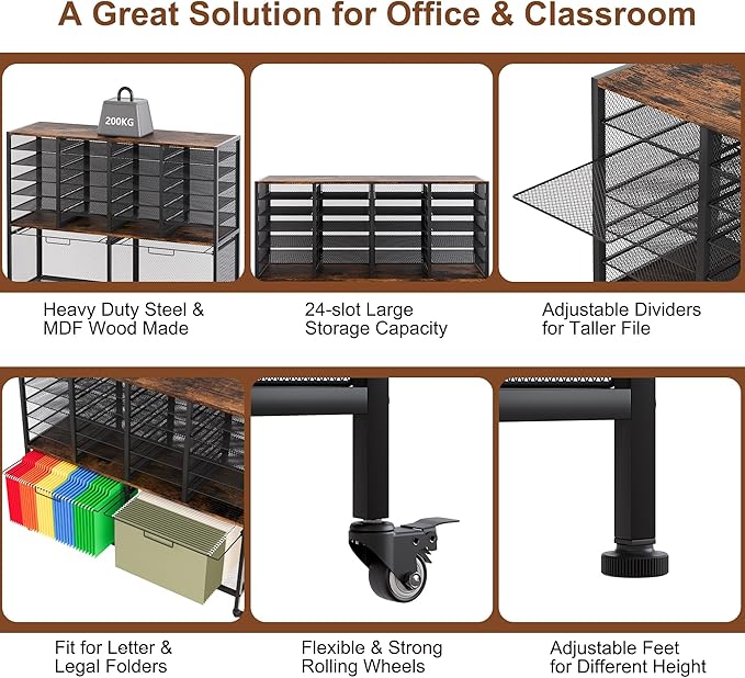 EasyPAG Rolling File Cart with 24 Slot Mail Organizer, Under Desk Storage with Hanging File Rack for Letter/Legal Folders, Mobile Filing Cabinet Printer Stand for Office Home Classroom, Black