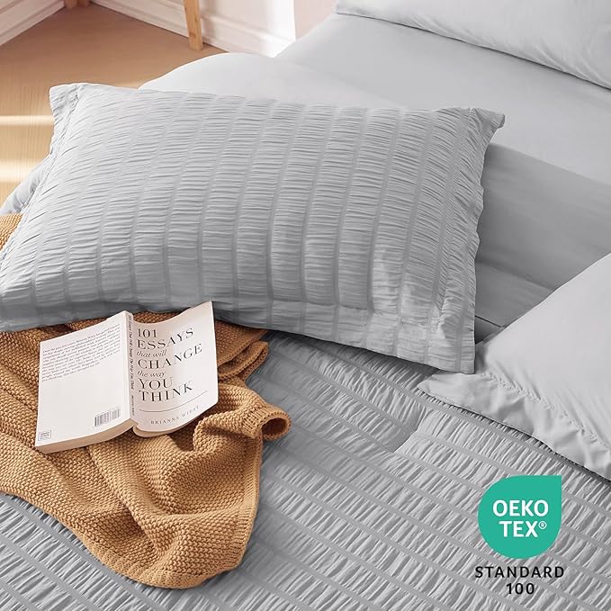 MUXHOMO 7 Pieces Queen Comforter Set, Seersucker Bed in a Bag Queen Size - Image 9