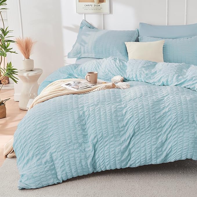 HYMOKEGE Lake Blue California King Comforter Set Seersucker 7 Pieces, All - Image 2