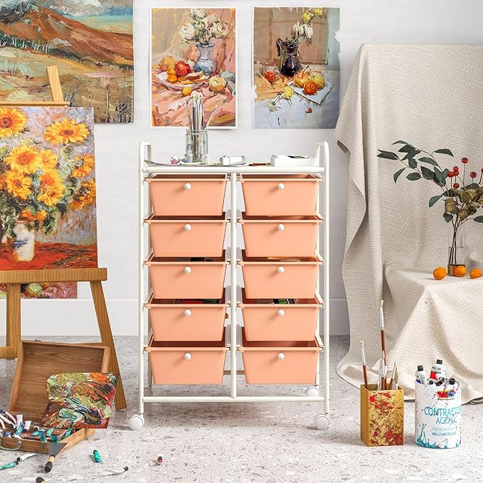 GOFLAME 10-Drawer Rolling Storage Cart, Art Craft Storage Organizer on Wheels, Multipurpose Movable Utility Cart for School, Office and Home, Peach Fuzz