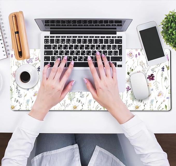 White Floral Desk Mat Cute Flowers Desk Pad Aesthetic Sage Mouse Pad XL Large Mousepad Desk Matt for Desktop, Laptop Pad Mat Keyboard and Mouse Mat for Women Office Decor Accessories 31.5x11.8 in