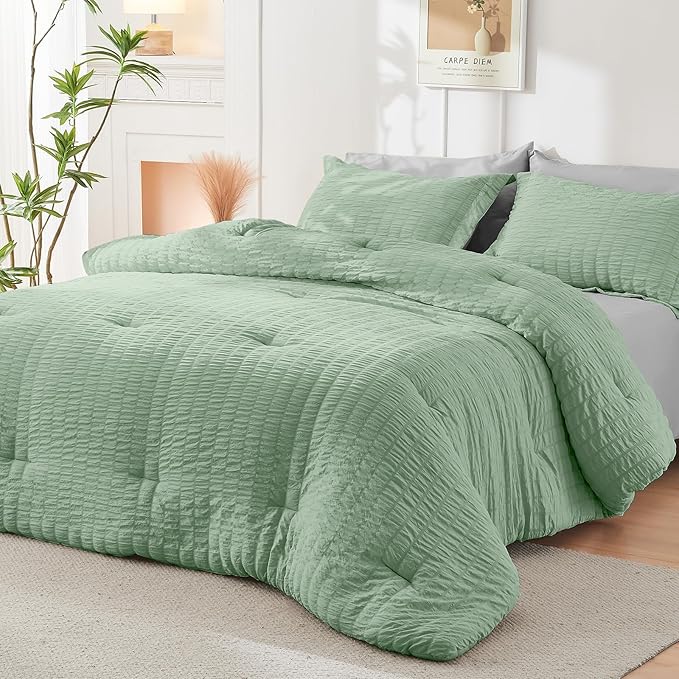 HYMOKEGE Sage Green/Light Grey King Size Comforter Set Seersucker 7 Pieces - Image 8