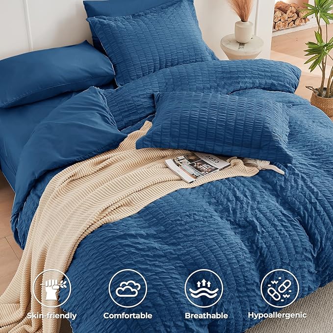 HYMOKEGE Teal Duvet Cover Full Size, Ultra Soft 3-Piece Seersucker Duvet Cover - Image 2