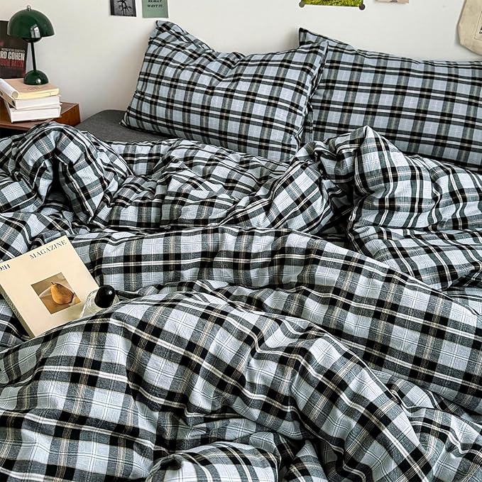 mixinni Vintage Grey & Pale Blue Buffalo Plaid Duvet Cover Set Full Size - Image 3