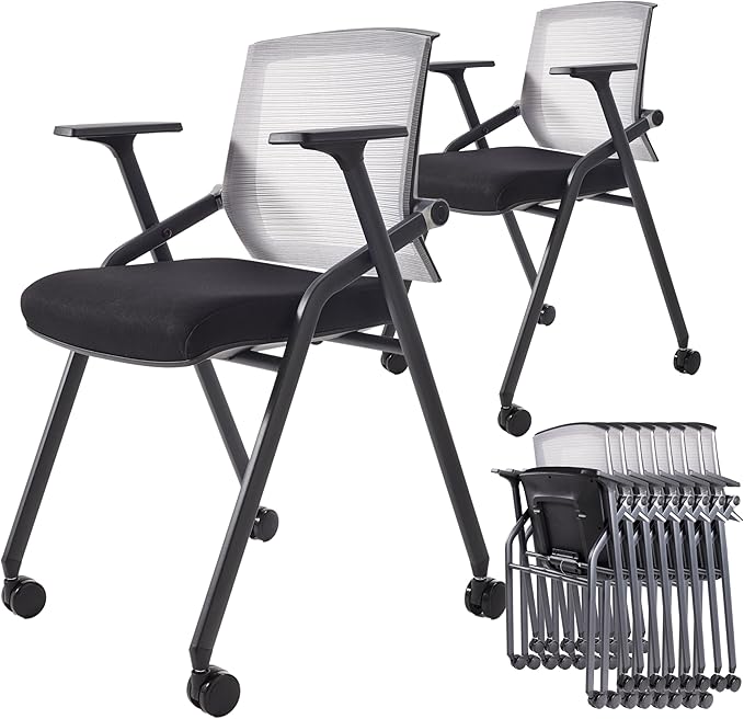 BLANEDUO, 10 Pack Foldable Office Chair with PU Wheels and Sliding Armrest-Ergonomic Mesh Bouncing Back, Stackable Conference Room Chair, Office Guest & Reception & Meeting Chair (Black)