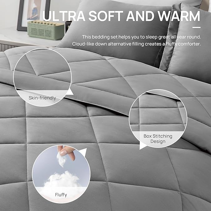 Love's cabin Full Comforter Set Grey, 7 Pieces Full Bed in a Bag, All Season - Image 5