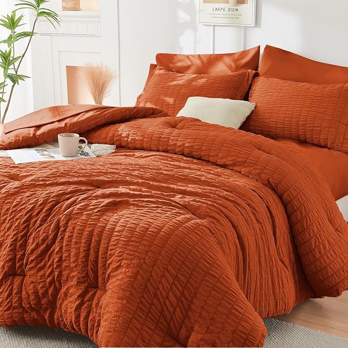 HYMOKEGE Burnt Orange Full Size Comforter Sets Seersucker 7 Pieces, All Season by HYMOKEGE