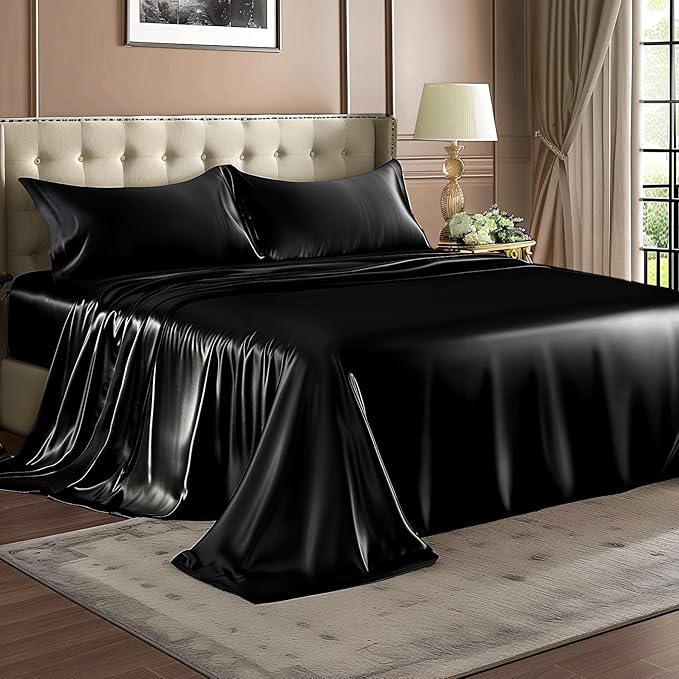 BEDELITE Satin Sheets Twin Size Bed Set, Luxury Soft Black Silky Sheets - Image 8
