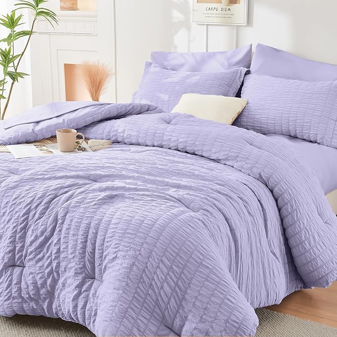 HYMOKEGE Light Purple King Size Comforter Set Seersucker 7 Pieces, All Season by HYMOKEGE