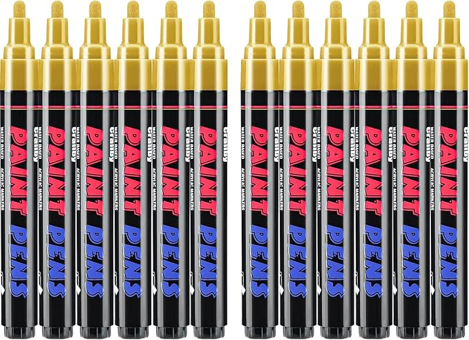 Craiiby Gold Paint Pens Paint Markers - 12 Pack Permanent Quick Dry Waterproof Marker Pens for Rocks Wood Fabric Plastic Canvas Glass Mugs Metal Tire Stone