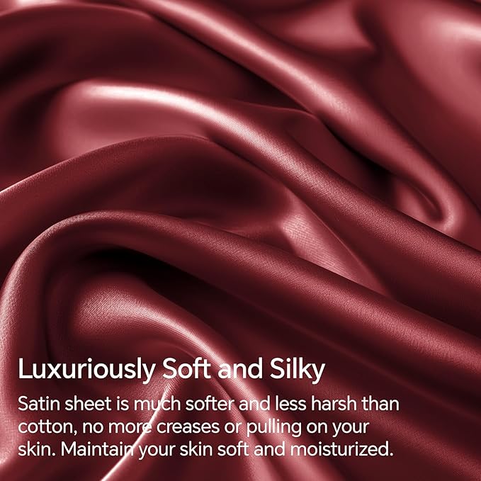 BEDELITE Satin Sheets Full Size Bed Set, Luxury Soft Burgundy Silky Sheet - Image 3