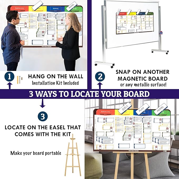 PMXBOARD Magnetic Kanban & Scrum Board – Lightweight Agile Whiteboard with Customizable Headlines | Project Planning Board for Home, Office & School | Includes Easel, Markers, Eraser & Wall Mount Kit