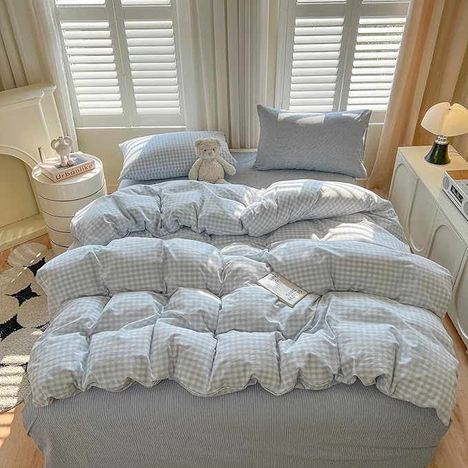 mixinni Light Blue Gingham Duvet Cover Set Full Size - Image 3