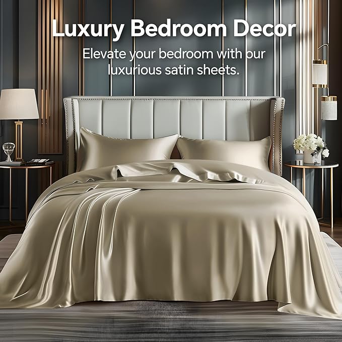 BEDELITE Satin Sheets Twin Size Bed Set, Luxury Soft Taupe Silky Sheets - Image 2