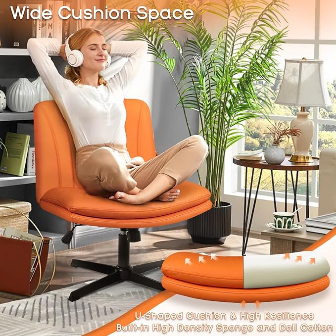 PUKAMI Criss Cross Legged Office Chair,Armless Office Desk Chair No Wheels,PU Leather Modern Swivel Vanity Chair,Height Adjustable Wide Seat Mid Back Computer Task Chair for Home Office