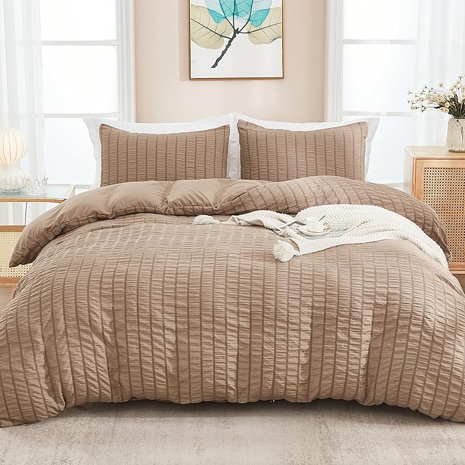 AveLom Taupe Duvet Cover Full, 3 Pieces, Seersucker Tripe Soft Washed by AveLom