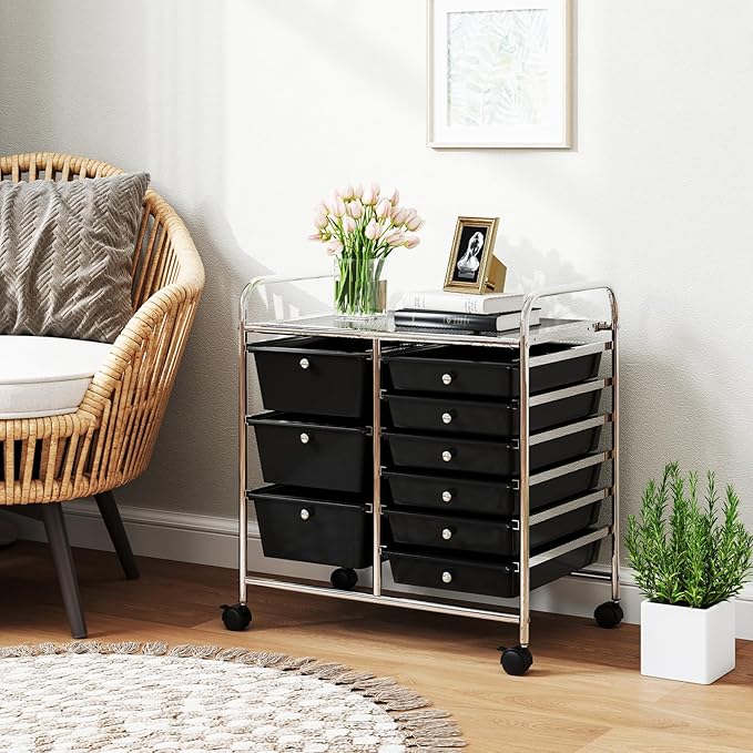 GOFLAME 9-Drawer Rolling Storage Cart, Mobile Utility Cart with Removable Drawers & Metal Frame, Art Craft Organizer Cart with Lockable Wheels, Storage Drawer Cart for Home Office School, Black