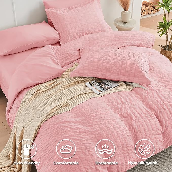 HYMOKEGE Rose Pink Queen Comforter Set Seersucker 7 Pieces, All Season Luxury - Image 3