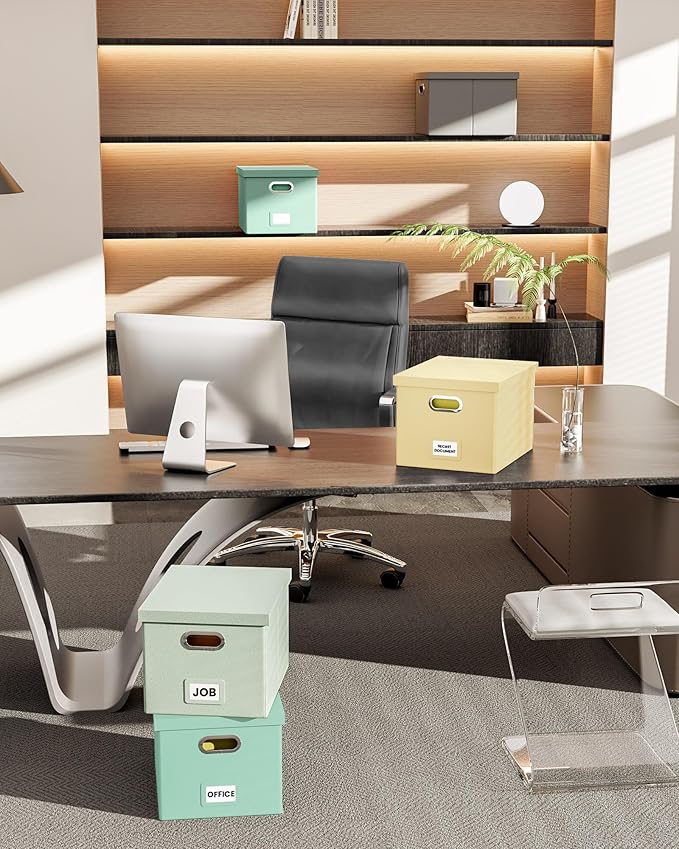 Oterri 2 Pack File Storage Organizer Box, Portable Document Box with Lid,Fit for Letter/Legal File Folder Storage,Cream-yellow(Leather)