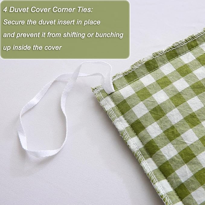 Silnuo Olive Green/White Checkered Ruffle 3-Piece Duvet Cover Set Full Size - Image 7