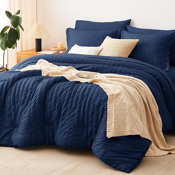 CozyLux Queen Comforter Set Navy Blue Seersucker 7 Pieces Bed in a Bag Queen by CozyLux