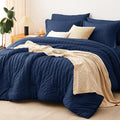 CozyLux Oversized King Comforter Set Navy Blue Seersucker 7 Pieces 120x98 Bed by CozyLux