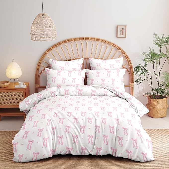 Nayoroom Pink Bow Duvet Cover Queen Size Heart Duvet Cover Coquette Bedding Set - Image 3
