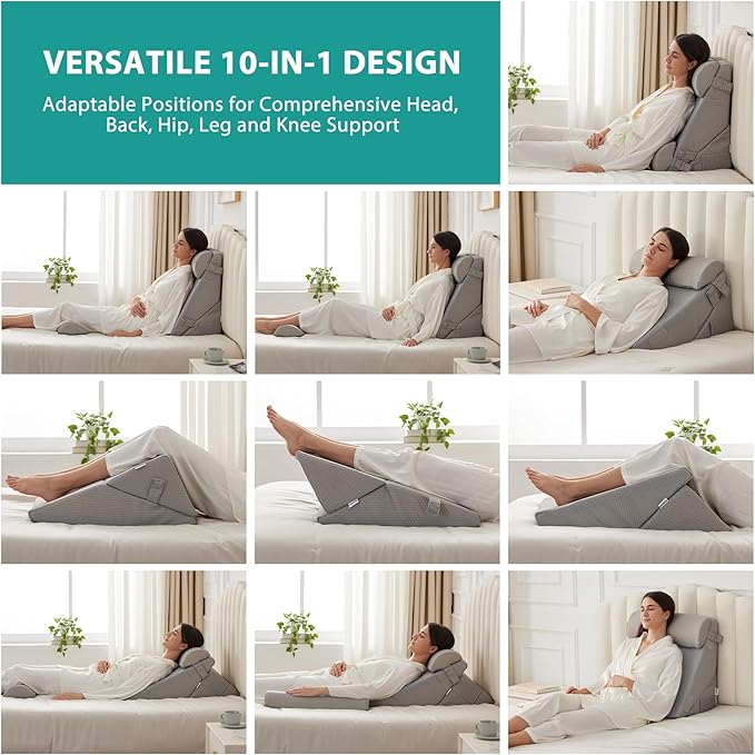 Bedluxe Adjustable 4pcs Bed Wedge Pillow Set, Memory Foam Wedge Pillows Post - Image 3
