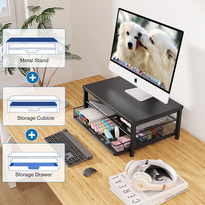 OPNICE Computer Monitor Stand Riser, Desk Organizer with Drawer, Laptop Stand, Office Desk Accessories & Workspace Desktop Organizers Storage for Office Supplies(Black 2-Pack)