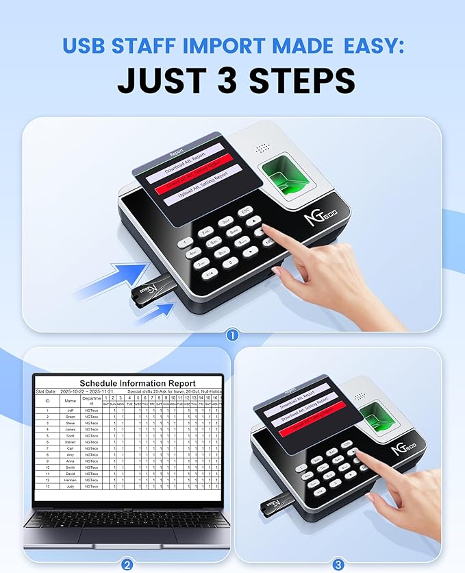NGTeco Fingerprint & PIN Biometric Time Clock, Standalone Punch Machine for Employees Small Business, No WiFi/Software Required, No Monthly Fees
