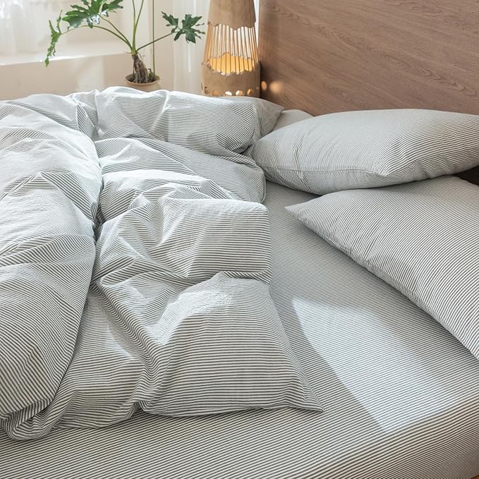 MooMee Striped Duvet Cover Set 100% Washed Cotton Linen Like Textured - Image 7