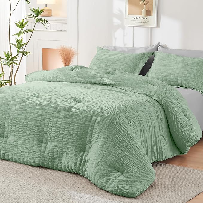 HYMOKEGE Sage Green/Light Grey Full Size Comforter Sets Seersucker 7 Pieces - Image 8