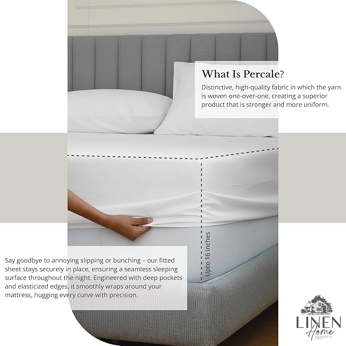 Linen Home 100% Cotton Percale Sheet Set, Cal King Size, Deep Pocket, 6 Pieces - Image 4