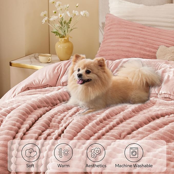 BEDELITE Fleece Queen Comforter Set -Super Soft & Warm Fluffy Dusty Pink Bedding - Image 3