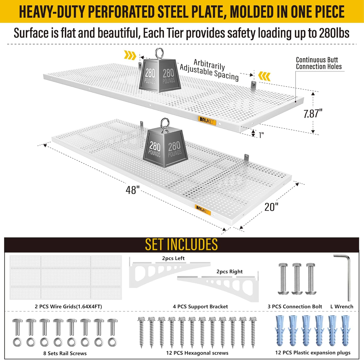 2Pack 1.64x4ft Adjustable Metal Garage Wall Shelving Heavy Duty Garage Storage Shelf Wall Mounted White
