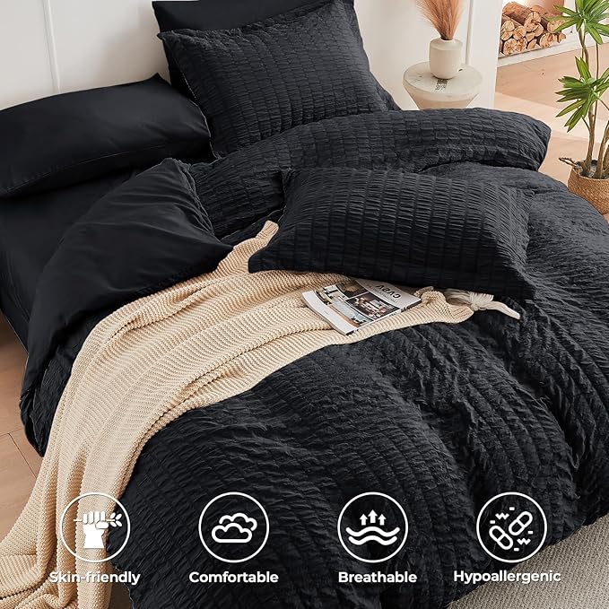 HYMOKEGE Black Queen Comforter Set Seersucker 7 Pieces, All Season Luxury Bed - Image 3