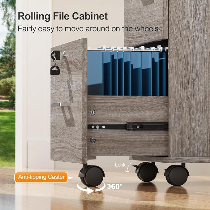 VINGLI 3-Drawer File Cabinet with Lock, Wood Rolling Filing Cabinets for Home Office, Mobile Printer Stand, Under Desk File Organizer for Letter Sized Files, 26" H(Caster Included),Gray Oak