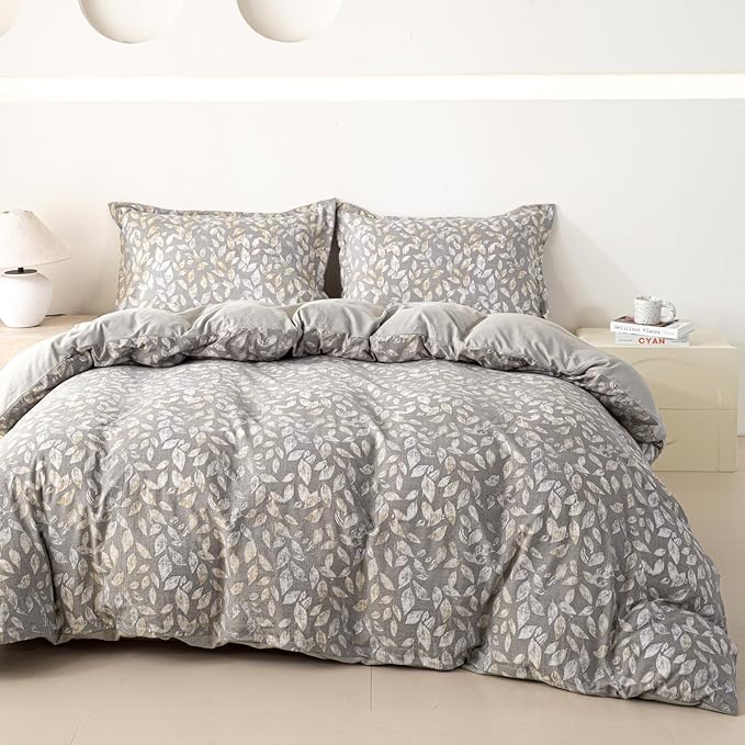 OAITE Grey Leaves Twin Size Duvet Cover-3 Pieces Prewashed Cotton-Like by OAITE