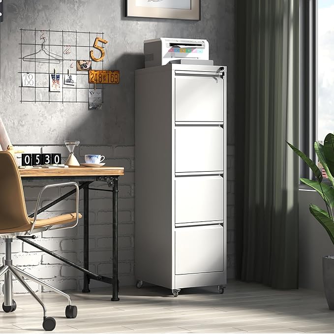 IKIMI 4 Drawer Locking File Cabinet with Wheels,White Metal Mobile Filing Cabinets,Vertical File Cabinet for Home Office,Heavy Duty Rolling Storage Cabinet for A4/Letter/Legal Size,Assembly Required