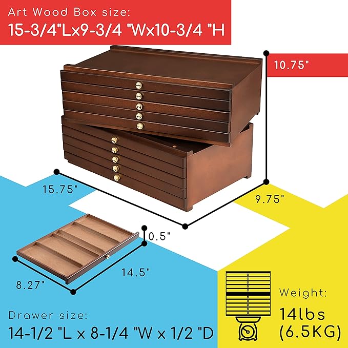 MEEDEN 10-Drawer Art Supply Storage Box, Beech Wood Art Box, Large Capacity Wooden Pencil Box with Drawer & Compartments for Organizing Pastels, Pencils, Pens, Markers, Brushes & Stamp, Walnut