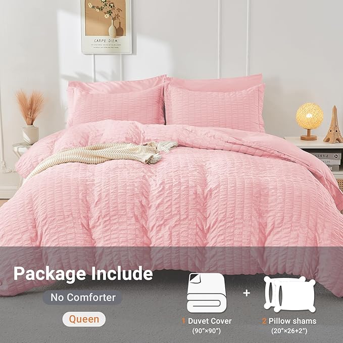 HYMOKEGE Pink Duvet Cover Queen Size, Ultra Soft 3-Piece Seersucker Duvet Cover - Image 5