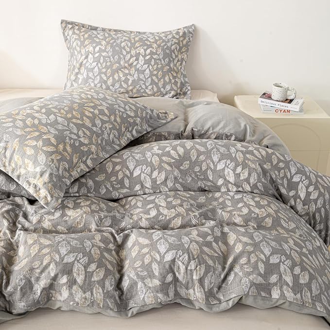 OAITE Grey Leaves Twin Size Duvet Cover-3 Pieces Prewashed Cotton-Like - Image 2