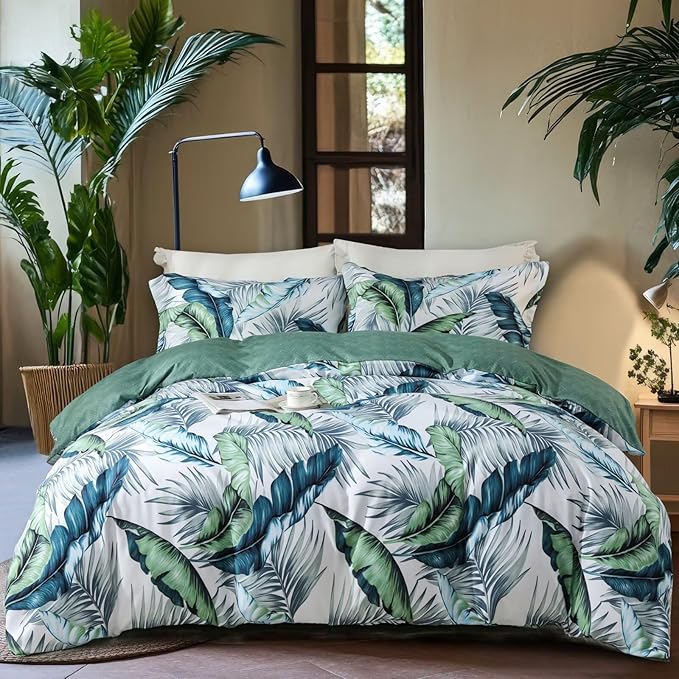 OAITE Duvet Cover Queen Size, Reversible Summer Leaf Green Duvet Cover Set by OAITE